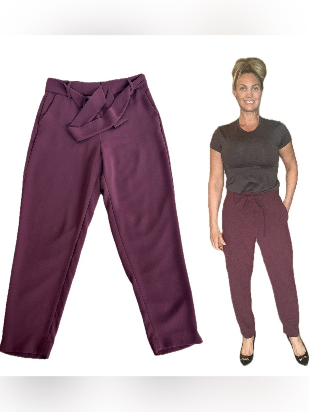 RW&CO Women’s maroon burgundy High-Waist Tie Front ankle Pants Sz 8-Plum